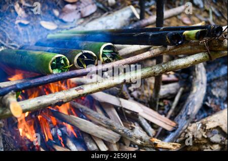 using bamboo poles over open fire to cook food Stock Photo