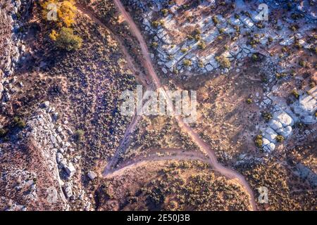 Aerial view on the geological structures around the Arches National Park and a blm campsite in Utah Stock Photo