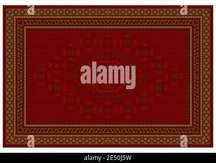 Vintage carpet in red tones with yellow, maroon, brown and beige ethnic patterns on a white background Stock Photo
