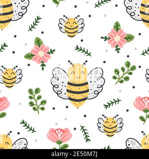 Cute bee seamless pattern with floral elements and abstract dots isolated on white background. Scandinavian style hand drawn vector illustration. Stock Vector
