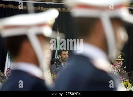 Iranian soldiers march past President Mahmoud Ahmadinejad during the annual army day military parade in Tehran, Iran on April 17, 2008. Ahmadinejad proclaimed today Iran was the 'most powerful nation' in the world as the country's air force boasted of its prowess at a time of mounting tension with the West. Photo by ParsPix/ABACAPRESS.COM Stock Photo