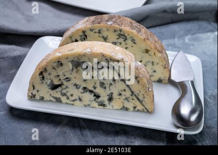 Cheese collection, piece of French blue cheese fourme d'ambert close up Stock Photo