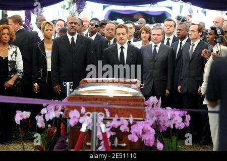 Serge Letchimy, French President Nicolas Sarkozy, Patrick Devedjian, Christine Albanel and Yves Jego attend a funeral ceremony to the memory of Aime Cesaire at Aliker Stadium, Fort de France, Martinique, on April 20, 2008. Photo by Jacques Witt/Pool/ABACAPRESS.COM Stock Photo