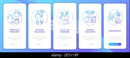 Home beauty procedures onboarding mobile app page screen with concepts Stock Vector