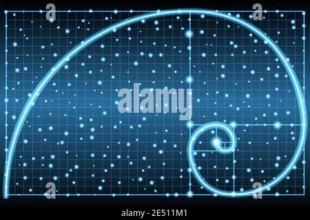 Glowing fibonacci spiral or golden ratio symbol on dark background Stock Vector