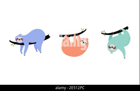 Set of cute hand drawn sloths hanging on the tree. Stock Vector