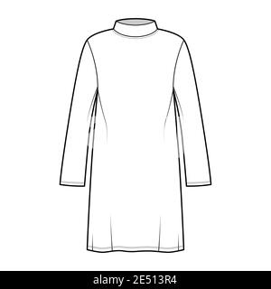 Tunic sweater technical fashion illustration with stand-away collar, long sleeves, oversized, knee length. Flat modest shirt apparel top template front, white color. Women men unisex CAD mockup Stock Vector