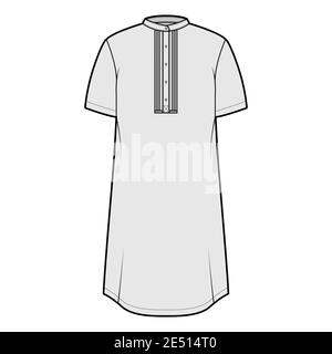 Shirt kurta technical fashion illustration with short sleeves, embellished henley neck. Flat indian shalwar qameez tunic apparel outwear template front, grey color. Women men unisex CAD mockup Stock Vector