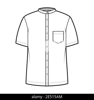 Shirt nehru collar technical fashion illustration with short sleeves, angled pocket, mandarin neck. Flat indian jacket apparel outwear template front, white color. Women men unisex CAD mockup Stock Vector