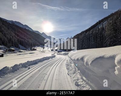 cross country slope at dischma valley of davos after impressive snowfall Stock Photo