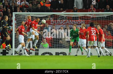 Manchester United's Mikael Silvestre saves a goal during the UEFA Champions League Semi-Final second leg soccer match between Manchester United and FC Barcelona at Old Trafford in Manchester, England on April 29 2008. Manchester won 1-0. Photo by Steeve McMay/Cameleon/ABACAPRESS.COM Stock Photo