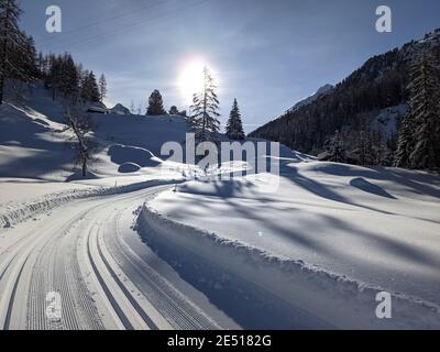 cross country slope at dischma valley of davos after impressive snowfall Stock Photo