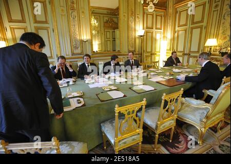 French President's advisor Raymond Soubie, Secretary-general assistant of the Elysee Francois Perol, President Political advisor Jerome Peyrat, Pierre Charon, President's Communication advisor Franck Louvrier, Chief of cabinet Cedric Goubet and Secretary-general of the Elysee Palace Claude Gueant and President's advisor Patrick Ouart before meeting of the morning (8h30) with French President at Elysee Palace in Paris, France, on April 15, 2008. Photo by Elodie Gregoire/ABACAPRESS.COM Stock Photo
