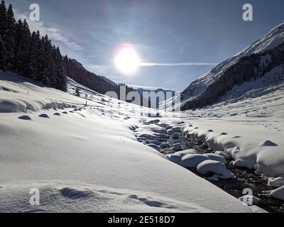 cross country slope at dischma valley of davos after impressive snowfall Stock Photo