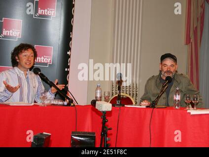 EXCLUSIVE. Actor Jean-Pierre Darroussin is on air during France Inter's broadcast 'Le Fou du Roi' hosted by Stephane Bern during the 61st Cannes Film Festival in Cannes, France on May 16, 2008. Photo by Denis Guignebourg/ABACAPRESS.COM Stock Photo