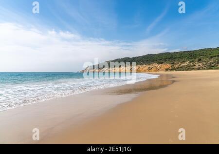 peaceful sandy beach with gentle waves and tree covered cliffs in the background and white puffy clouds above Stock Photo