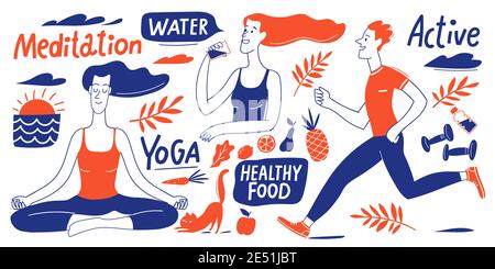 Healthy lifestyle vector design with people, elements and lettering Stock Vector