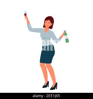 Happy dancing drunk woman in office suite with alcohol beverage and glass isolated on white background. Business women cheerful emotions. Employer in Stock Vector