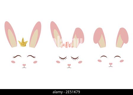Set of cute pink bunny ears and faces, sleeping, smiling with decorations isolated on white background. Poster, print, fashion design element. Spring Stock Vector