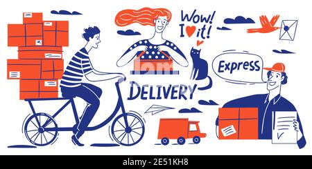Delivery business doodle style infographic design vector set Stock Vector