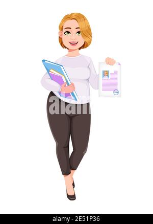 Young plus size pretty woman. Beautiful overweight businesswoman holding signed resume. Stock vector illustration Stock Vector