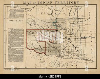 Indian Territory and Public Land Map 1879 with Historic Letters. Original title: 'Map of Indian Territory.' Shows Indian Reservations. This is an enhanced, restored reproduction of an old map showing Indian Reservations and Public Land as of 1876. Note the two letters on the side that discuss the disposition of land in the area that would eventually become Oklahoma. The first letter is from Congressman Augustus Albert with inquiries. The second is a reply from Col. E.C. Boudinot. He describes historical events about the acquisition of the land. He wrote he wanted to 'set the records straight.' Stock Photo