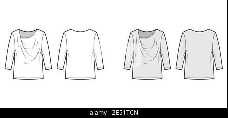 T-Shirt draped technical fashion illustration with long sleeves, tunic length, oversized. Apparel blouse top outwear template front, back, white, grey color. Women men unisex CAD mockup Stock Vector