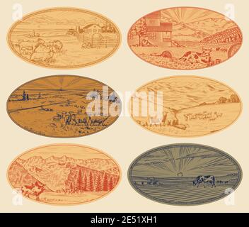 Rural meadow set. A village landscape with cows, goats and lamb, hills and a farm. Sunny scenic country view. Hand drawn engraved sketch. Vintage Stock Vector