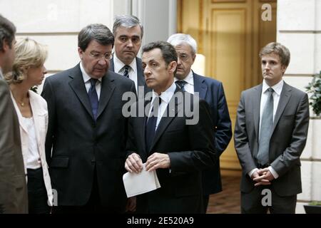 French President Nicolas Sarkozy with French Education Minister Xavier Darcos and Minister for Higher Education and Research, Valerie Pecresse prior to his speech on education at the Elysee Palace in Paris, France on June 2, 2008. Photo by Jean-Francois Deroubaix-Pool/ABACAPRESS. Stock Photo