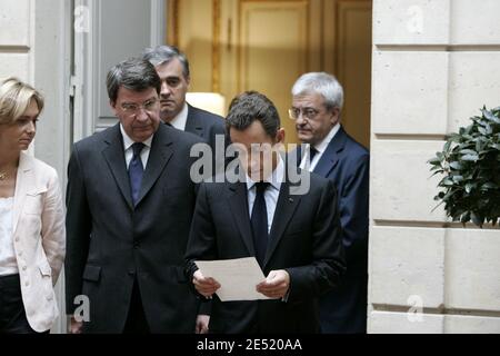 French President Nicolas Sarkozy with French Education Minister Xavier Darcos and Minister for Higher Education and Research, Valerie Pecresse prior to his speech on education at the Elysee Palace in Paris, France on June 2, 2008. Photo by Jean-Francois Deroubaix-Pool/ABACAPRESS. Stock Photo