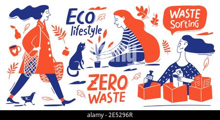 Eco lifestyle motivational vector design with zero waste doodle elements and lettering Stock Vector