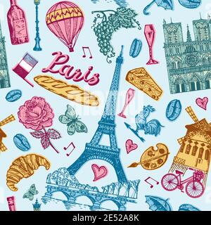 Paris seamless pattern in vintage retro style. France, eiffel tower and buildings. Retro doodle elements. Vector illustration. Hand drawn engraved Stock Vector
