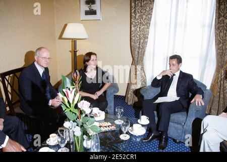 French President Nicolas Sarkozy speaks with Noam Shalit and Aviva Shalit, the parents of Gilad Shalit, the Israeli soldier captured by Palestinian militants two years ago on the Israel-Gaza border, during a meeting at King David hotel in Jerusalem, Israel, on June 23, 2008. Photo by Ludovic/Pool/ABACAPRESS.COM Stock Photo