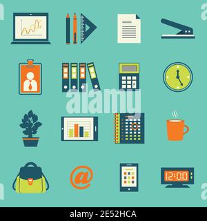 Business office stationery icons set of smartphone tablet and notebook computer isolated vector illustration Stock Vector