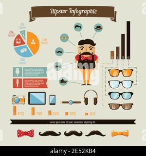 Hipster infographics elements set with geek boy charts and graphs vector illustration Stock Vector