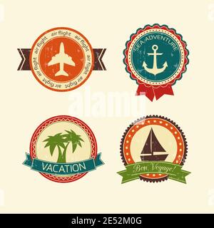 Vacations travel badges collection of yacht boat plane palm tree and anchor isolated vector illustration Stock Vector