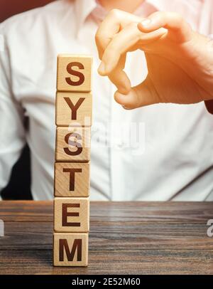 Men knocks down wooden block tower with word System. System destruction concept. The threat of violation of integrity, violation. Sabotage. Resistance Stock Photo