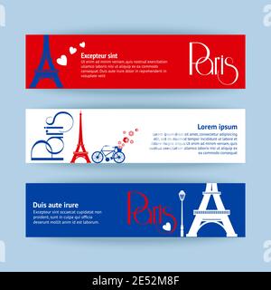 Collection of banners and ribbons with Paris landmark buildings isolated vector illustration Stock Vector