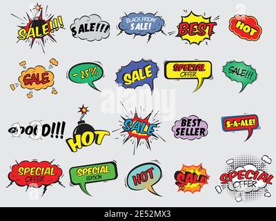 Pop art comic sale discount promotion decorative icons set with bomb explosive isolated vector illustration Stock Vector