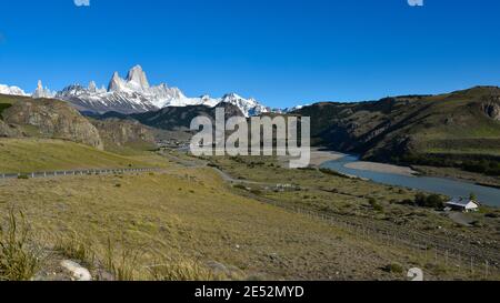 Road towards El Chalten with famous mountains Fitz Roy and Cerro Torre, patagonia, Argentina Stock Photo