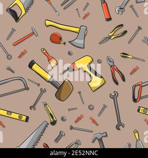 Home construction tools on a seamless brown pattern background vector illustration Stock Vector