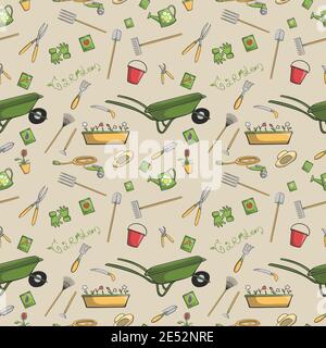 Decorative garden tools seamless wallpaper or background retro print pattern vector illustration Stock Vector