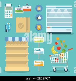 Supermarket online website concept with food assortment, opening hours and payment options icons illustration vector Stock Vector