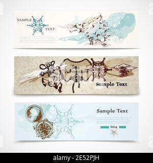 A set of three horizontal ancient nautical design elements informative advertising banners vector illustration Stock Vector