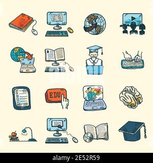 Colored online education graduation and e-learning icons sketch set isolated vector illustration Stock Vector