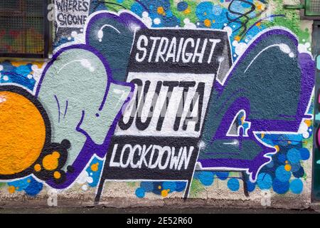 covid 19 coronavirus wall graffiti street art parental advisory lockdown Stock Photo