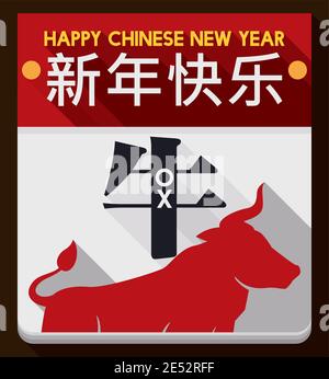 Loose-leaf calendar with ox silhouette, reminding at you the Chinese New Year of the Ox (written in Chinese calligraphy). Stock Vector
