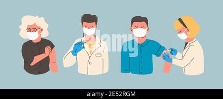 Vaccination Concept Characters - Doctor and Nurse Injecting Vaccine Injection. Vaccine against coronavirus and influenza. Male and female patients Stock Vector