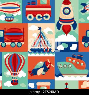 Toy transport cartoon seamless pattern with airplane aerostat sail yacht vector illustration Stock Vector