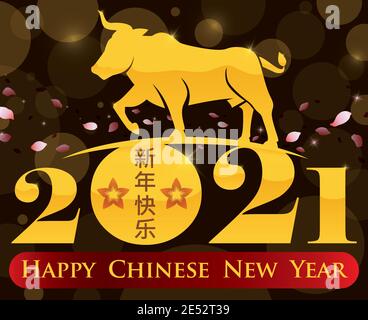 Beautiful view of golden ox silhouette and 2021 number with peach petals passing by it, reminding at you to celebrate a happy Chinese New Year (writte Stock Vector